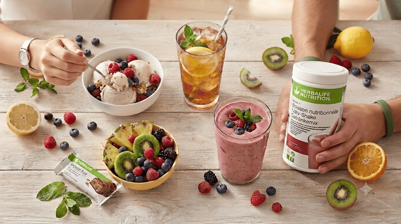 Fünf sommerliche Herbalife-Rezepte: Eistee, Smoothie, Protein-Eis, erfrischender Shake und Frucht-Bowl auf einem Holztisch mit Zitronen und Minze